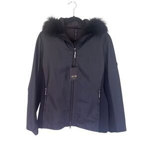 Post Card Leather Jacket Fur Hooded Full Zip Pockets Black Coat‎ Size 8 New